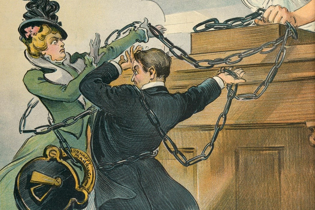 A man and a woman wrapped in chains with a padlock labelled unhappy marriage, with the chains held by a judge